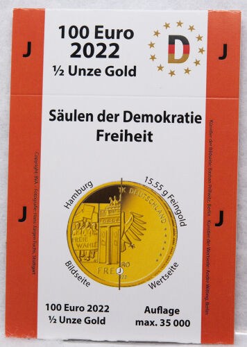 Goldeuroschuber für 100 Euro 2022 - Säulen der Demokratie - Freiheit - J