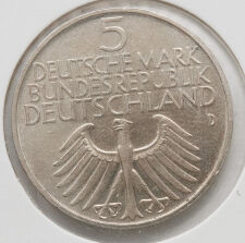 Rückseite der Silbermünze mit dem Bundesadler, Nennwert 5 Deutsche Mark und der Jahreszahl 1952. Prägestätte D (München).