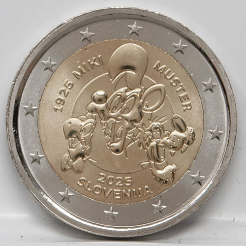 „Slowenien 2 Euro 2025 Miki Muster UNC aus dem Eurosystem, ikonisches Comic-Motiv, offizielle Ausgabe der Banka Slovenije in Stempelglanz-Qualität.“