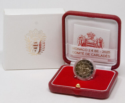 Monaco 2 Euro 2025 „Comté de Carladès“ – Gedenkmünze Polierte Platte im Etui mit Zertifikat. Motiv: Haus der Prinzen in Vic-sur-Cère und Wappen der Grafschaft Carladès.