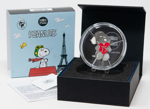 Geformte Silbermünze Frankreich 10 Euro 2025 Snoopy (Shape), farbig, Proof-Qualität, ausgeliefert in Box mit Zertifikat.