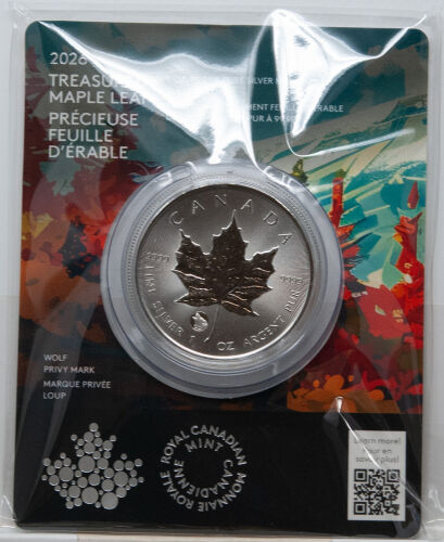 Kanada 2026 5 CAD Treasured Silver Maple Leaf Wolf Privy Mark – 1 Unze Silbermünze mit Ahornblatt-Motiv und Wolf-Privy, Durchmesser 38 mm, limitiert, Premium Verpackung.