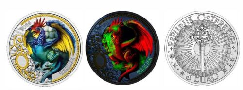 3 Euro-Münze Österreich 2026 „Der Basilisk“ – farbig gestalteter Basilisk mit tiefgrünem Körper und glühenden roten Augen unter UV-Effekt, Durchmesser 34 mm