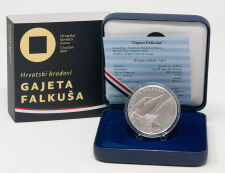 Münze Kroatien 6 Euro 2025 „Gajeta Falkuša“ Silber Proof – Vorderseite zeigt zwei Falkuša-Boote auf offener See, Rückseite Kastell von Komiža und drei erhaltene Falkuša-Boote.