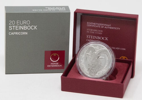 Münze Österreich 20 Euro 2025 „Der Steinbock“ – Silbermünze Ag 925, Ø 34 mm, Polierte Platte, zeigt den Steinbock mit Rosenquarz-Inlay.
