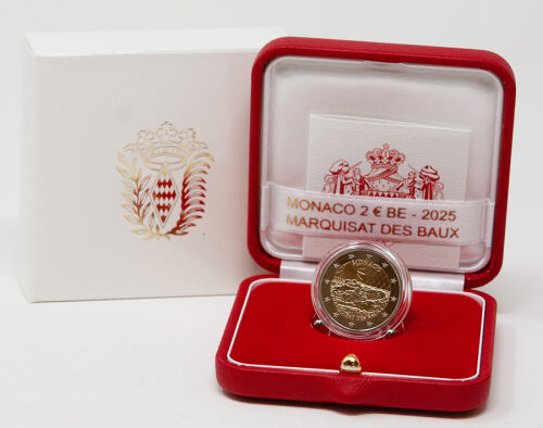 Münze Monaco 2 Euro 2025 „Marquisat des Baux“ – Motiv Felsen von Les Baux-de-Provence, Auflage 15 000, gesetzliches Zahlungsmittel Monaco.