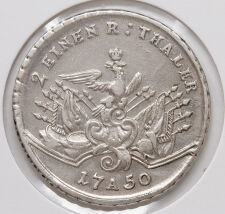 2 Einen Reichstaler 1750, Rückseite mit preußischem Adler über Waffen, Fahnen und Trophäen, darunter Jahreszahl 1750 und Münzzeichen A.