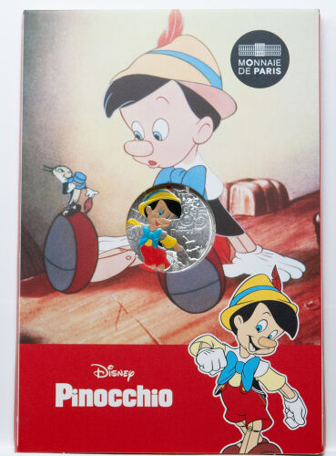 Frankreich 10 Euro „Pinocchio“ 2025 Silbermünze im roten Monnaie-de-Paris-Blister mit Pinocchio- und Jiminy-Cricket-Motiv.