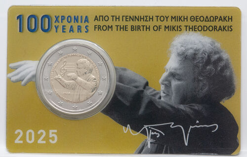 „Griechenland 2-Euro-Gedenkmünze 2025 in UNC: Porträt von Mikis Theodorakis auf der nationalen Seite, Umschrift zum 100. Geburtstag, äußere 12 EU-Sterne; bimetallische 2-Euro-Münze.“