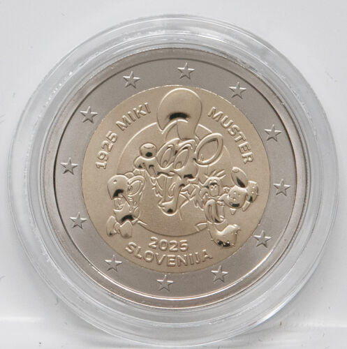 „Slowenien 2 Euro 2025 Miki Muster Proof (PP) in Polierter Platte, bimetall, ikonisches Comic-Motiv, limitierte Edition der Banka Slovenije aus dem Eurosystem.“
