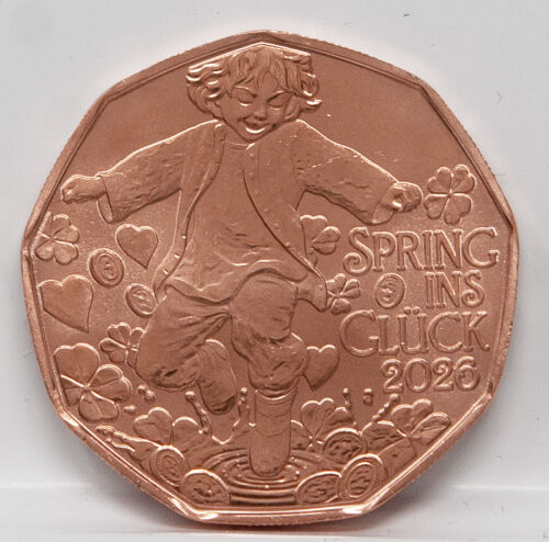 „Österreich 5-Euro-Neujahrsmünze 2026 „Spring ins Glück“ in Kupfer, Handgehoben Unc., offizieller Coin der Münze Österreich im mintversiegelten Folder.
