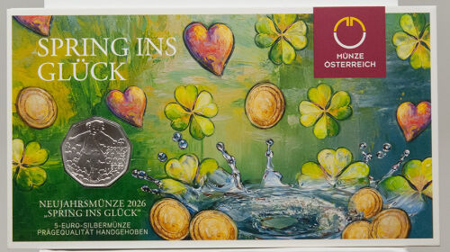 „Österreich 5-Euro-Neujahrsmünze 2026 „Spring ins Glück“ in 925 Silber, 8,88 g, Handgehoben-Unc., offizieller Coin der Münze Österreich im mintversiegelten Blisterfolder mit COA.“