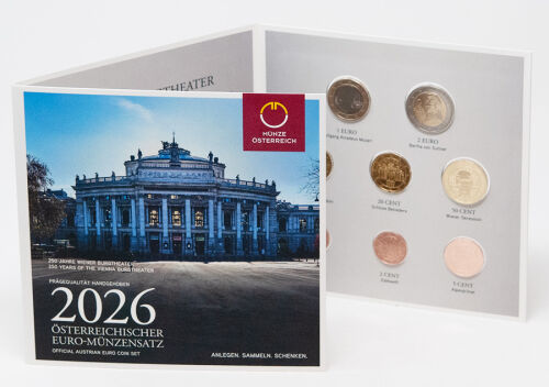 „Österreich KMS 2026 handgehoben (hgh) – 8 Euro-Umlaufmünzen 2026 in Unc., offizielle Ausgabe der Münze Österreich im sammlerfreundlichen, mint-versiegelten Folder.“