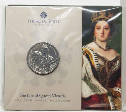 „UK 5 Pfund 2026 Queen Victoria BU Coin – Doppelporträt 1819–1901, Cu/Ni, 38,61 mm, offizieller Royal-Mint-Gedenmünzen-Blisterfolder mit COA, versiegelt.“