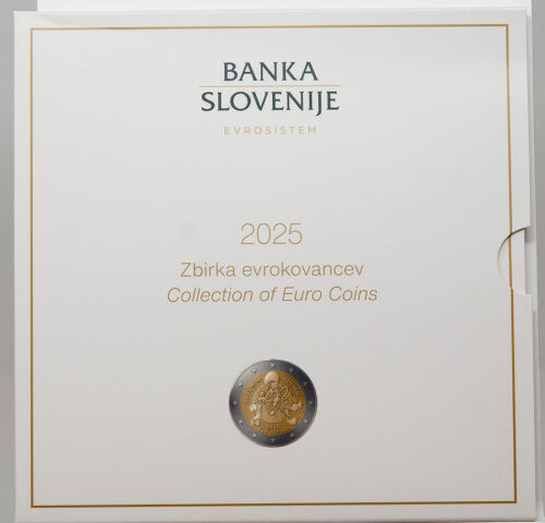 „Slowenien Kursmünzensatz 2025 BU im Folder der Banka Slovenije, 8 Euro-Kursmünzen inkl. 2-Euro-Gedenkmünze 2025, offizieller Euro-Ländersatz des Eurosystems.“