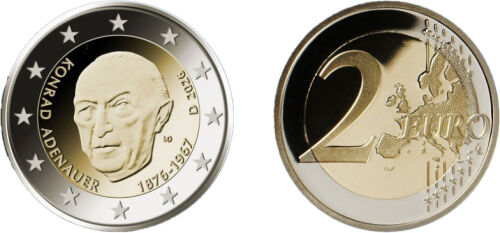 Deutschland 5 x 2 Euro 2026 Konrad Adenauer Satz mit allen fünf Prägezeichen ADFGJ in bankfrischer Erhaltung.