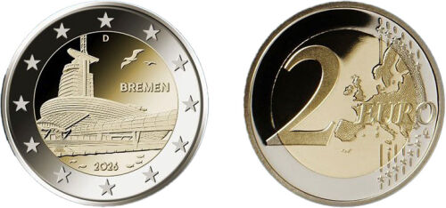 Deutschland 2 Euro 2026 Bremen – Klimahaus Bremerhaven mit Prägezeichen D, bimetallische Gedenkmünze der Bundesländer-II-Serie.
