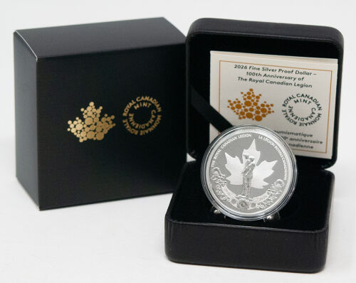 Kanada 1-Dollar-Silbermünze 2026 „100 Jahre Royal Canadian Legion“ aus 999,9 Feinsilber, 23,17 g, Ausgabe der Royal Canadian Mint im Etui.