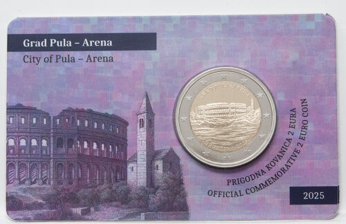 Vorderseite der exklusiven Coincard 2025 „Pula Arena“. Die Karte zeigt das historische Amphitheater und die Limitierungshinweise. Die Münze ist perfekt zentriert in der BU-Erhaltung sichtbar.