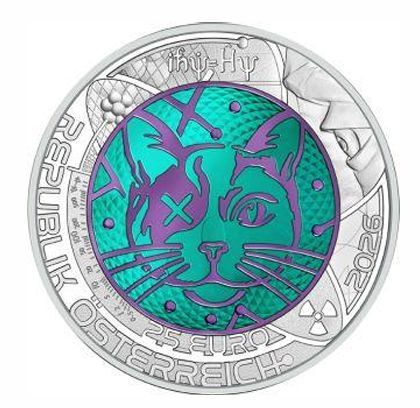 Die Niobmünze 2025 im geöffneten roten Original-Etui der Münze Österreich, inklusive des beiliegenden, nummerierten Echtheitszertifikats.