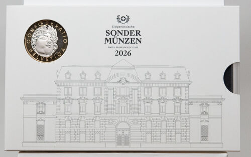 Außenansicht des Schweizer Münzsatzes 2026: Weißer Kartonschuber der Swissmint mit einer eleganten Strichzeichnung des Münzgebäudes in Bern. Oben links ist die 10-Franken-Bimetallmünze Helvetia als Vorschau abgebildet.