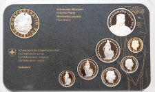 Detailansicht des geöffneten Proof-Sets 2026: Acht Münzen in perfektem Spiegelglanz auf einer samtigen, schwarzen Einlage. Die hochwertige Bimetallmünze Helvetia (oben links) dominiert das Set. Die goldfarbene Linienzeichnung am rechten Rand verleiht der Präsentation eine zusätzliche exklusive Note.