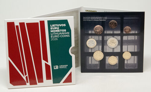Der offizielle Folder des litauischen Münzsatzes 2026. Das Design zeigt eindrucksvolle Symbole und historische Fotografien zum Thema des unbewaffneten Widerstands. Der Titel des Sets sowie das Jahr 2026 sind deutlich sichtbar.