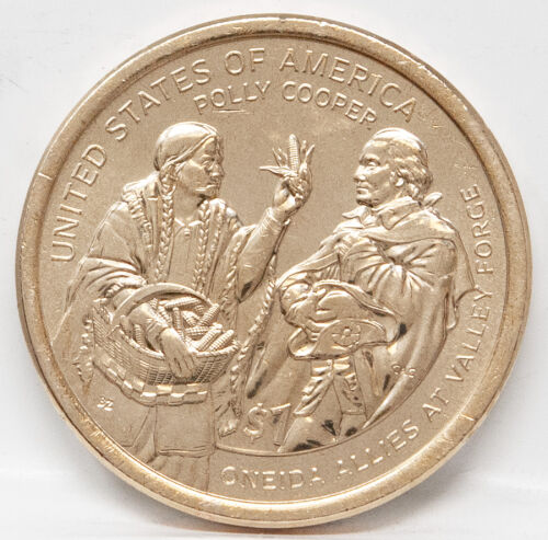 Die Rückseite (Revers) der 1-Dollar-Münze zeigt zwei Personen: Eine Oneida-Frau (Polly Cooper) in traditioneller Kleidung hält einen geflochtenen Korb voll mit Maiskolben und reicht einem Soldaten der Kontinentalarmee einen Kolben. Über der Szene stehen die Texte UNITED STATES OF AMERICA und POLLY COOPER, am unteren Rand ONEIDA ALLIES AT VALLEY FORGE und der Nennwert $1.