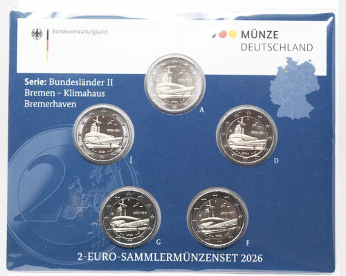Der geschlossene offizielle Folder der Münze Deutschland für das Jahr 2026. Die Vorderseite zeigt eine ansprechende Grafik des Klimahauses Bremerhaven sowie den Schriftzug 2-Euro-Gedenkmünzenserie Bundesländer II.