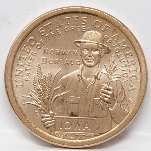 Die Rückseite der 1-Dollar-Münze zeigt Norman Borlaug mit einem Hut und einem Hemd, während er Weizenhalme hält. Um ihn herum stehen die Schriftzüge UNITED STATES OF AMERICA, FATHER OF THE GREEN REVOLUTION und NORMAN BORLAUG. Unten im Bild ist der Name des Bundesstaates IOWA in einem rechteckigen Rahmen zu sehen.