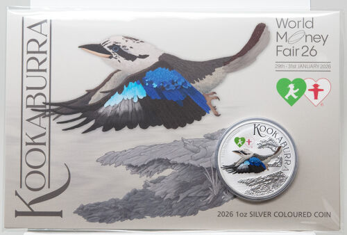 Das Motiv des Australian Kookaburra 2026 zeigt den Vogel auf einem Ast sitzend. Links im Feld ist das exklusive Privy Mark der World Money Fair Berlin eingeprägt. Inschriften am Rand: KOOKABURRA, 2026 1oz 9999 SILVER sowie das P-Prägezeichen der Perth Mint.
