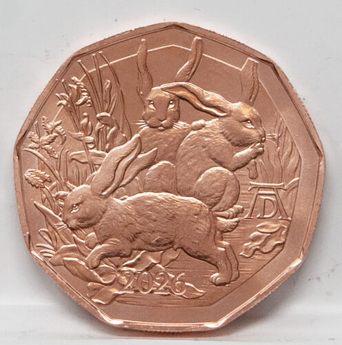 Detailreiche Rückseite der 5-Euro-Kupfermünze mit dem Hasentrio-Motiv nach Albrecht Dürer, das warme Leuchten des Kupfers hebt die feinen Fellstrukturen hervor.