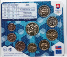 Nahaufnahme der acht slowakischen Euro-Kursmünzen...