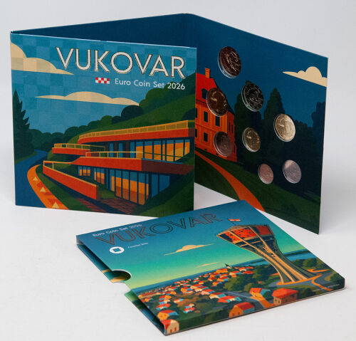 Vorderseite des offiziellen Kursmünzensatz-Blisters 2026 mit dem Titel Vukovar und stimmungsvollen Abbildungen der historischen Architektur Kroatiens.