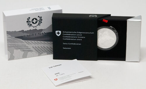 Vorderseite der 20 Franken Silbermünze 2026 - Genfer See (PP)