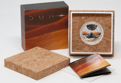 Vorderseite der 1 oz Dune Silbermünze 2026 mit farbigem MuadDib Motiv.