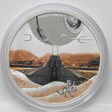 Sammlerset der 1 oz Dune Silbermünze mit dekorativer Kork-Box und Zertifikat.