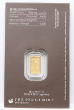 Rückseite des 1g Goldbarrens Dune mit Spezifikationen und Perth Mint Logo.