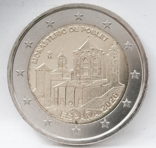 Gemeinsame Wertseite der 2 Euro Münze Spanien 2026 Kloster Poblet mit der bekannten Angabe des Nominalwerts und der Europakarte.
