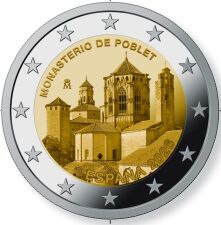 Nationale Gedenkseite der spanischen 2 Euro Münze 2026 Kloster Poblet mit der feinen Relief-Abbildung des historischen mittelalterlichen Hauptportals.