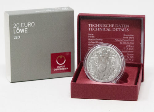 Vorderseite der österreichischen 20 Euro Silbermünze 2026 Sternzeichen Löwe.