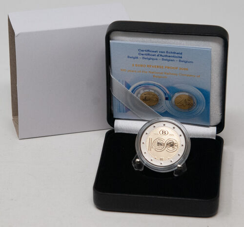 Vorderseite der belgischen 2 Euro Münze 2026 Eisenbahn im außergewöhnlichen Reverse Proof Gewand.