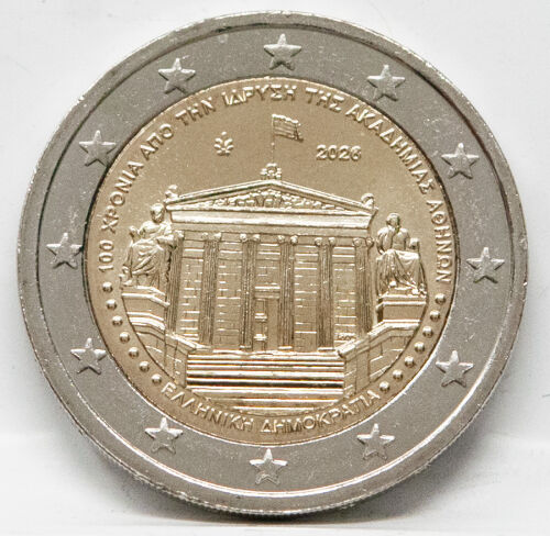 Vorderseite der Griechenland 2 Euro 2026 Gedenkmünze Akademie Athen in bankfrischer Erhaltung (unc) mit dem feingeprägten Fassadenmotiv.