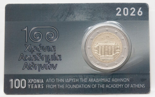 Vorderseite der offiziellen griechischen Coincard 2026 mit der eingebetteten 2 Euro Münze Akademie Athen in BU-Qualität.