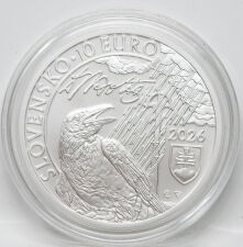 Rückseite der Slowakei 10 Euro 2026 Ivan Krasko Münze mit der Darstellung des Raben im Regen, der Dichter-Signatur und dem Staatswappen.