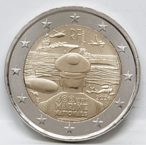 Vorderseite der Frankreich 2 Euro 2026 Gedenkmünze Marine in bankfrischer Erhaltung mit dem ausdrucksstarken Motiv der französischen Seefahrt.