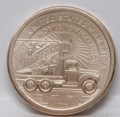 Vorderseite der USA 1 Dollar 2026 Innovationen Minnesota Münze (Prägestätte D) mit dem Motiv der mobilen Kühlkühlung.