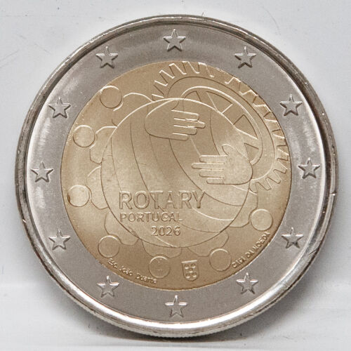 Vorderseite der Portugal 2 Euro 2026 Gedenkmünze Rotary Club in bankfrischer Erhaltung (unc) mit dem prägnanten Jubiläumsmotiv.
