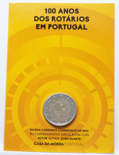 Vorderseite der portugiesischen Coincard 2026 mit der eingebetteten 2 Euro Münze 100 Jahre Rotary Club in BU-Qualität.