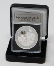 Vorderseite der Somalia 100 Shillings 2026 Elefant Silbermünze mit dem exklusiven ANA Pittsburgh Privy Mark.
